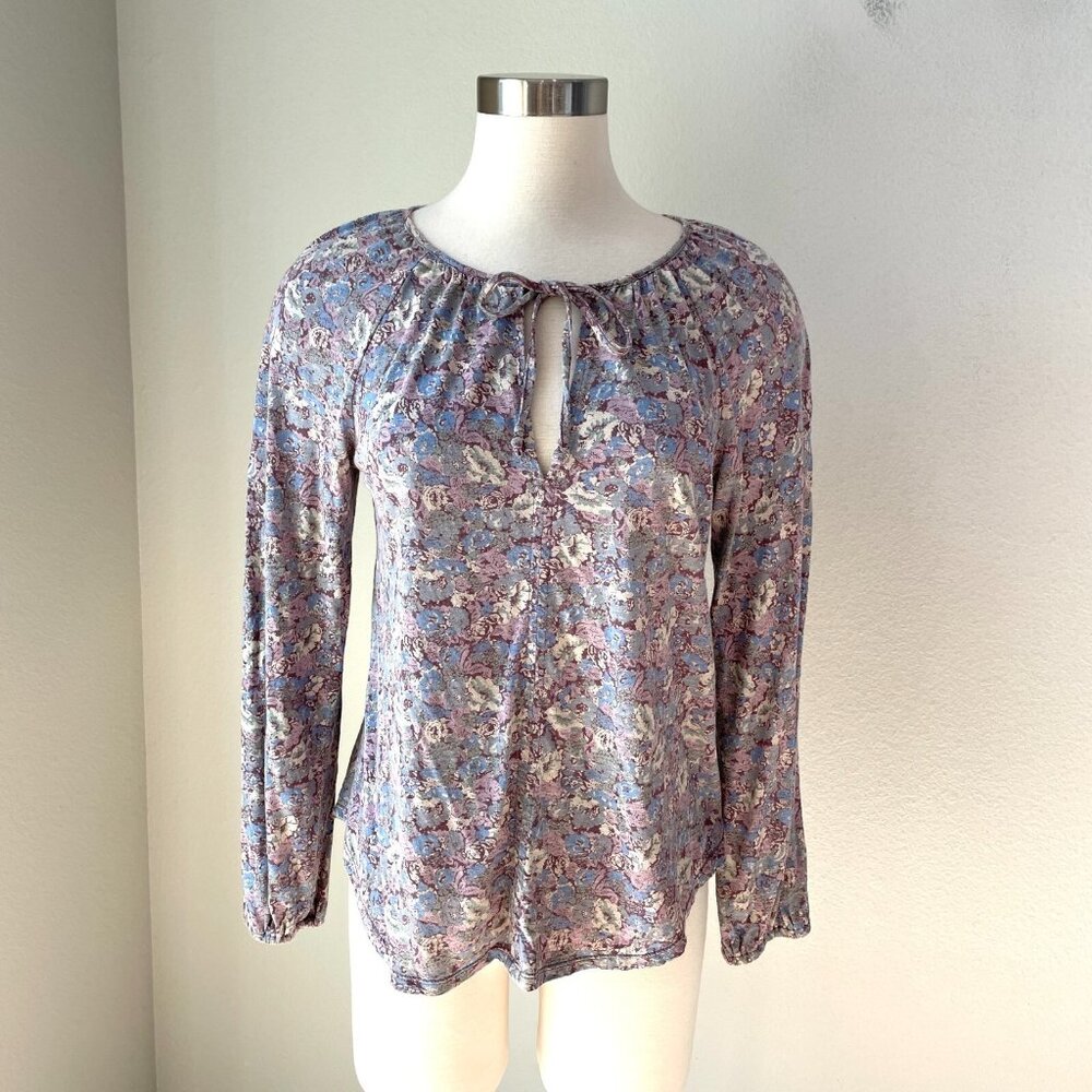 LUCKY BRAND Womens Small Floral‎ Boho Top Long Sleeve Shirt Front Tie